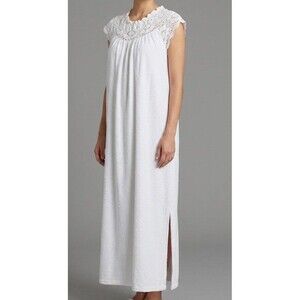 Vintage Miss Elaine Terry Cloth Caftan Robe White Crochet Lace Small Union Label